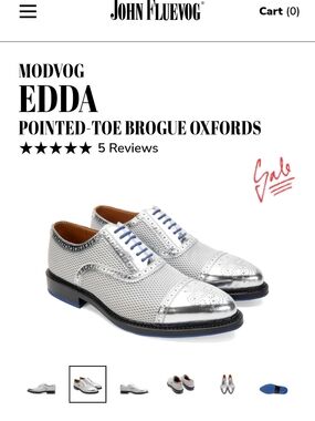 John Fluevog Edda Brogue Oxfords in Metallic Silver with Blue Laces
